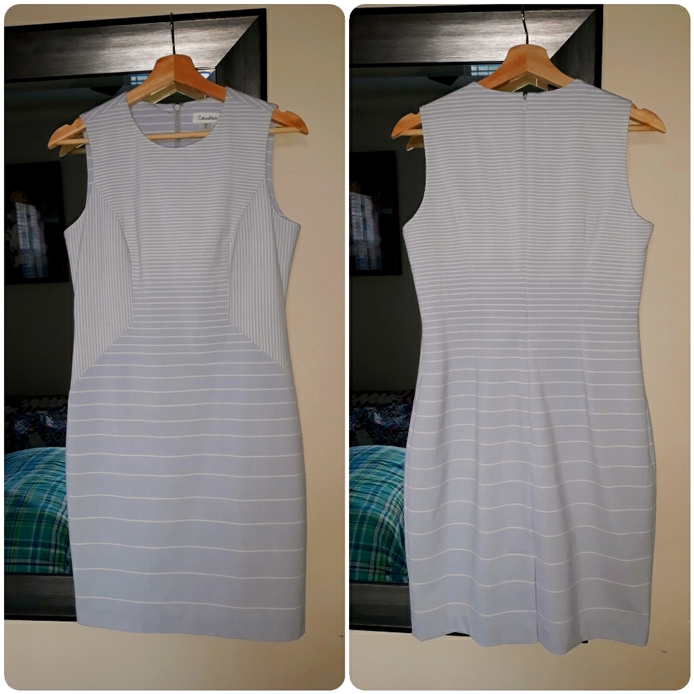 Calvin Klein Light Blue & White Striped Midi Sheath Dress